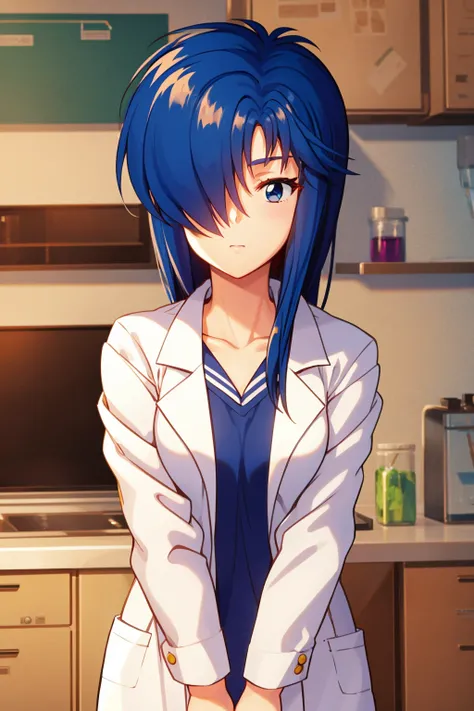 masterpiece, best quality, 1girl, himooyuina, blue eyes, blue hair, hair over one eye,labcoat, , solo, looking at viewer, laboratory background <lora:HimooYuina:1>
