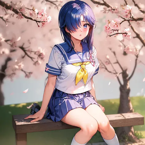 masterpiece, best quality, mature female, school uniform, serafuku, blue sailor collar, white sailor shirt, yellow neckerchief, short sleeves, blue pleated skirt, black shoes, blue hair, blue eyes, hair over one eye, himooyuina, <lora:HimooYuina:0.8>, sakura trees, cherry blossoms, pink sky, looking at viewer, glossy lips, light blush