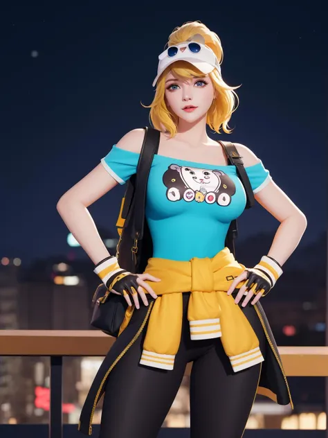 WZRYhuamulanQCJSJ, 1girl, clothes around waist, blonde hair, fingerless gloves, solo, blue eyes,  high ponytail, long hair, bag, lips,looking at viewer, off shoulder, hat, hair through headwear,yoga pants,shirt, <lora:WZRYhuamulanQCJSJ:0.75>,cityscape, night, mature female, hand on hip,