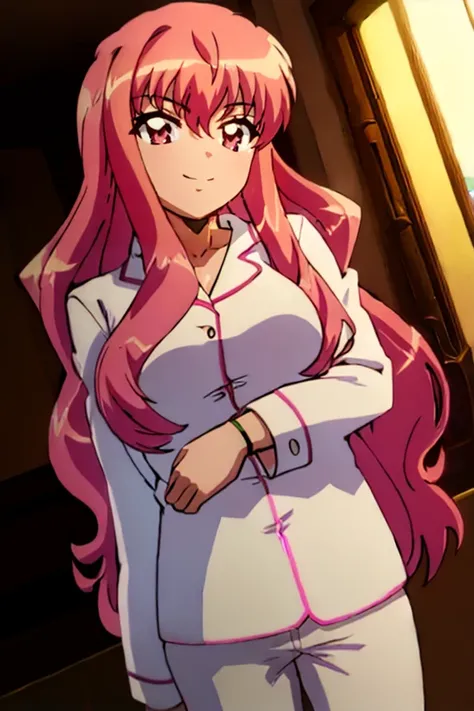<lora:Louise - [The Familiar of Zero] - Version 1:1> louise,  long_hair, pink_hair, louise_francoise_le_blanc_de_la_valliere, pink_eyes  (masterpiece:1.2),(best quality:1.2),(high resolution:1.2) 1girl,  tattoo  cyberpunk2077, cyberpunk \(series\),  portrait, large breasts,  big smile pajamas  Standing on Tiptoes Pose  dutch angle, cyberpunk style, apartment, window with view on nightcity,  closeup