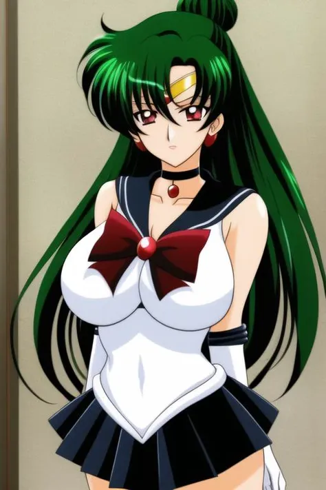 masterpiece, best_quality, highres, <lora:SetsunaMeiou:0.5>, SetsunaMeiou, green_hair, hair_bun, red_eyes, big_breasts, standing, black_sailor_collar, black_skirt, black_choker, solo, sailor_senshi_uniform, tiara, gloves