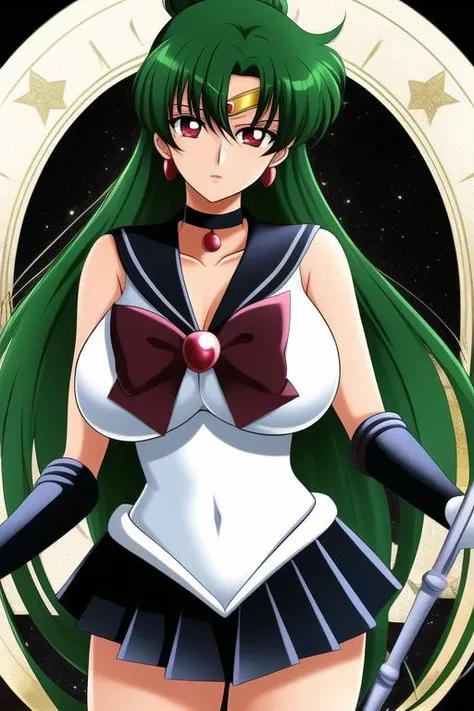 masterpiece, best_quality, highres, <lora:SetsunaMeiou:0.55>, SetsunaMeiou, green_hair, hair_bun, red_eyes, big_breasts, standing, black_sailor_collar, black_skirt, black_choker, solo, sailor_senshi_uniform, tiara, staff, holding_staff, gloves