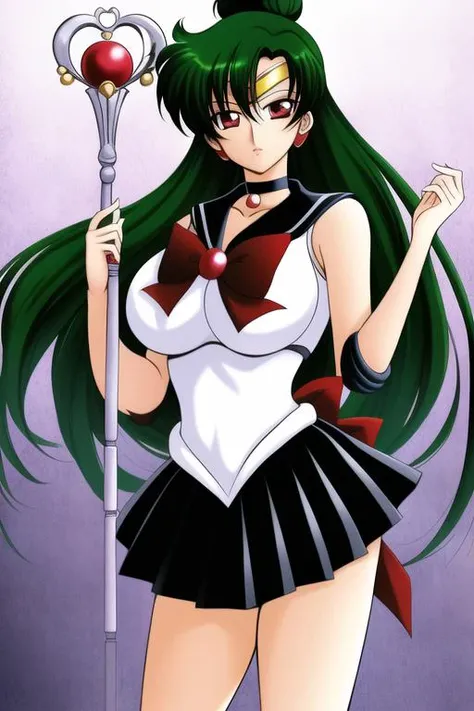 masterpiece, best_quality, highres, <lora:SetsunaMeiou:0.55>, SetsunaMeiou, green_hair, hair_bun, red_eyes, big_breasts, standing, black_sailor_collar, black_skirt, black_choker, solo, sailor_senshi_uniform, tiara, staff, holding_staff