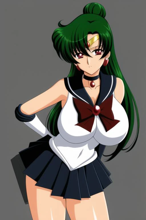 masterpiece, best_quality, highres, <lora:SetsunaMeiou:0.55>, SetsunaMeiou, green_hair, hair_bun, red_eyes, big_breasts, standing, black_sailor_collar, black_skirt, black_choker, solo, sailor_senshi_uniform, tiara, gloves