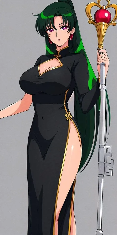 <lora:SetsunaMeiouV2:0.7>, SetsunaMeiou, large_breasts, standing, solo, china dress, staff_GarnetRod, masterpiece, best quality, detailed face, detailed eyes, highres,