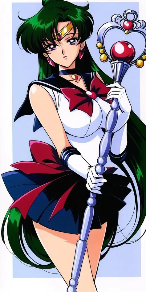 <lora:SetsunaMeiouV2:0.7>, SetsunaMeiou, large_breasts, standing, solo, Pluto_sailor_senshi_uniform, staff_GarnetRod, masterpiece, best quality, detailed face, detailed eyes, highres,