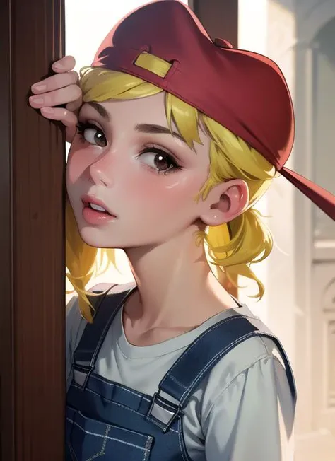 a beautiful picture of Lana Loud, masterpiece, photorealistic, detailed, 4k, HDR, backlighting, bloom, light, RAW color photo, smooth skin, blonde, red headwear, detailed face, brown eyes, overalls, <lora:Lana_Loud1-10_3:0.8>