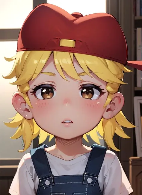 a beautiful picture of Lana Loud, masterpiece, photorealistic, detailed, 4k, HDR, backlighting, bloom, light, RAW color photo, smooth skin, blonde, red headwear, detailed face, brown eyes, overalls, <lora:Lana_Loud1-10_3:0.8>