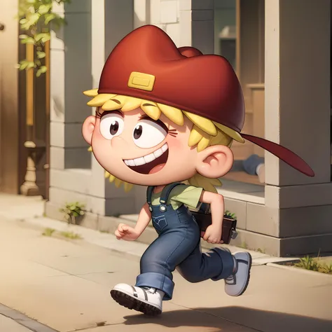 ((masterpiece, best quality)),(complex light), 1girl ,solo, full body, Lana Loud, <lora:Lana_Loud1-10_3:0.8>,overalls,red headwear, smile, running, missing tooth,