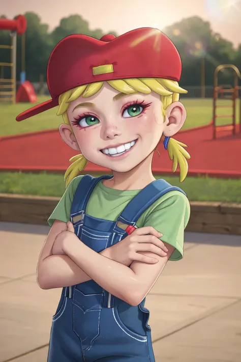 AS-Young 2girls blonde Lana Loud, overalls, red headwear green shirt overalls, evil grin school yard playground with girlfriends bright morning light (masterpiece:1.2) (photorealistic:1.2) (bokeh) (best quality) (detailed skin) (intricate details) (8k) (cinematic lighting) (sharp focus) <lora:Lana_Loud1-10_3:1>