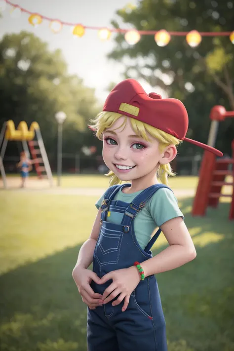 AS-Young 2girls blonde Lana Loud, overalls, red headwear green shirt overalls, evil grin school yard playground with girlfriends bright morning light (masterpiece:1.2) (photorealistic:1.2) (bokeh) (best quality) (detailed skin) (intricate details) (8k) (cinematic lighting) (sharp focus) <lora:Lana_Loud1-10_3:1>