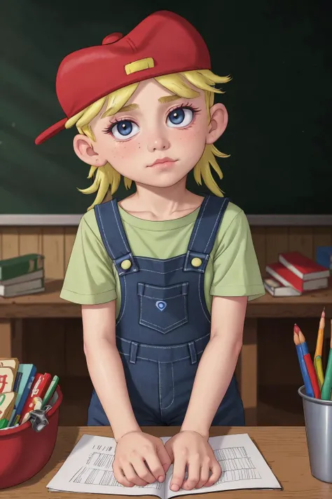 AS-Young blonde Lana Loud, overalls, red headwear green shirt overalls, serious sitting at a desk school classroom bright morning light (masterpiece:1.2) (photorealistic:1.2) (bokeh) (best quality) (detailed skin) (intricate details) (8k) (cinematic lighting) (sharp focus) <lora:Lana_Loud1-10_3:1>  Clutter-Home