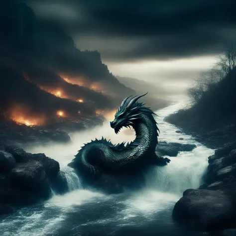 (Gorgeous Photo) of a dragon and river,
dark fantasy, postapo, closeup,postapocalyptic,
