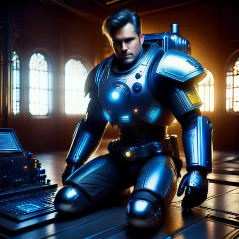 award winning (portrait photo:1.4) of a rugged dark science fiction space marine with robotic joints, middle aged male, Style-Cupola, electronic circuits, flashing control panel in foreground, science fiction, action, dark, tools on floor in background, backlighting, (shallow depth of field:1.5), by lee jeffries nikon d850 film stock photograph 4 kodak portra 400 camera f1.6 lens rich colors hyper realistic lifelike texture dramatic lighting unreal engine trending on artstation cinestill 800 (vignette:1.3), filmgrain