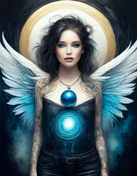 a (((woman angel))) with (((magic orb))), crooked smile,black jeans jacket,necklace,pierced lips,blue iris,rendered turquoise eyes,tattoos,make up,pale,line art watercolor wash, abstract beauty,stand, approaching perfection, pure form, golden ratio, unfinished, concept art, by Brian Froud and Carne Griffiths and Wadim Kashin and John William Waterhouse, intricate details, 8k post production, high resolution, hyper detailed, trending on artstation, sharp focus, studio photo, intricate details, highly detailed,