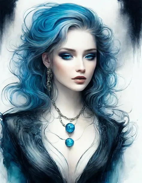 a woman with magic orb, crooked smile,black jeans jacket,necklace,pierced lips,blue iris,rendered turquoise eyes,tattoos,make up,pale,line art watercolor wash, abstract beauty,stand, approaching perfection, pure form, golden ratio, unfinished, concept art, by Brian Froud and Carne Griffiths and Wadim Kashin and John William Waterhouse, intricate details, 8k post production, high resolution, hyper detailed, trending on artstation, sharp focus, studio photo, intricate details, highly detailed,