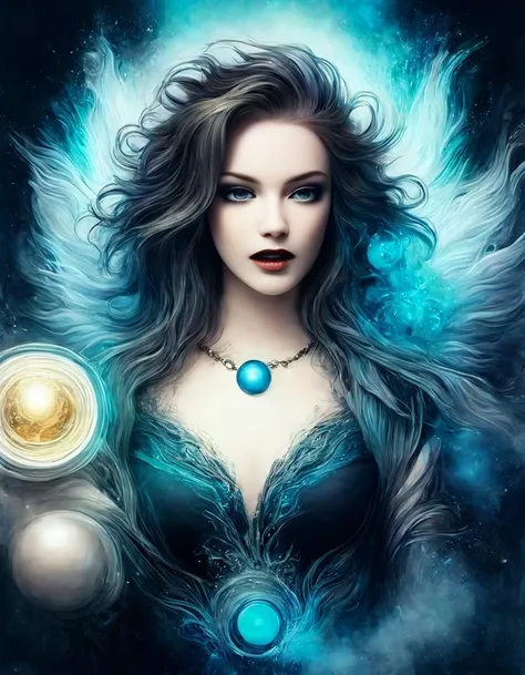 a woman angel with (((magic orb))), crooked smile,black jeans jacket,necklace,pierced lips,blue iris,rendered turquoise eyes,tattoos,make up,pale,line art watercolor wash, abstract beauty,stand, approaching perfection, pure form, golden ratio, unfinished, concept art, by Brian Froud and Carne Griffiths and Wadim Kashin and John William Waterhouse, intricate details, 8k post production, high resolution, hyper detailed, trending on artstation, sharp focus, studio photo, intricate details, highly detailed,