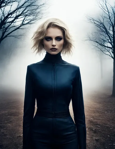 (Gorgeous Photo) of a assassin Marta Kulsky in a dark blue pants, short blonde hair,, (walking to tree:1.1), ( small black rose in hair),
dark futuristic, postapo, natural pose, wind, outcast weather,, fog in the background, sunrise,
dark fantasy, postapo, closeup,postapocalyptic,
medium shot, bokeh, beautiful face,
,RAW, RAW photo, DSLR, 64k UHD, HDR,ultra realistic, photo in style Lee Jeffries, fuji film, film grain,
((photo in style Marco Pandullo)) <lora:weird future fashion_v5_XL:0.6>