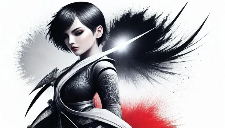 (((inkpunk style illustration))) of a beautiful female swordsman with (only (black or silver or red) colors) short hair, (((full body))), circle of air in the background, (((white background))), three color style,
