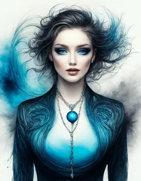 a woman with magic orb, crooked smile,black jeans jacket,necklace,pierced lips,blue iris,rendered turquoise eyes,tattoos,make up,pale,line art watercolor wash, abstract beauty,stand, approaching perfection, pure form, golden ratio, unfinished, concept art, by Brian Froud and Carne Griffiths and Wadim Kashin and John William Waterhouse, intricate details, 8k post production, high resolution, hyper detailed, trending on artstation, sharp focus, studio photo, intricate details, highly detailed,