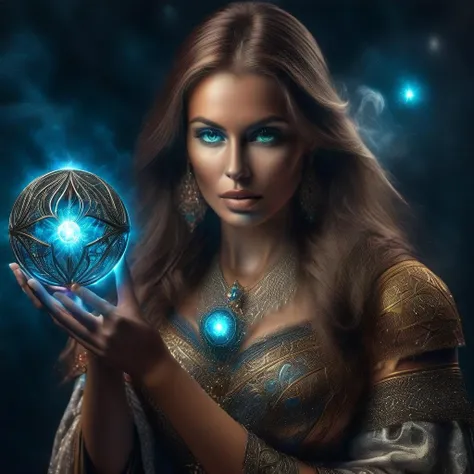 a woman with magic orb,((( high resolution, hyper detailed))), trending on artstation, sharp focus, studio photo, intricate details, highly detailed,detailed eyes,