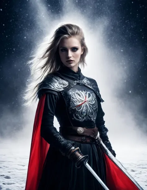 a beautiful polish swordsman wrapped in the polish flag. in one hand she holds a royal scimitar sword, on her shoulder a pukler with an emblem, inkpunk style,thematic background, side light, rim lighting, studio lighting, ultra quality, sharp focus, film grain, Fujifilm XT3, highly detailed glossy eyes, high detailed skin, skin pores, winter, snowing,
dark fantasy, romantic,dynamic fighting pose,,natural pose, dark fantasy style, raw, uhd, dslr, em 80mm, dslr, hdr, , cinematic shot, dark fantasy, style,raw photo, glowing neon fog, dslr, raw, 16k UHD,