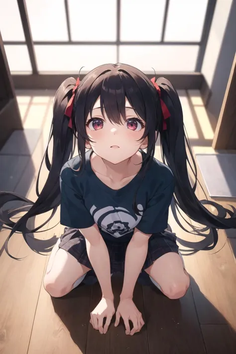 1girl, casual clothes, t-shirt, skirt, twintails, long hair, (from above:1.1), kneeling, floor, indoors, hands