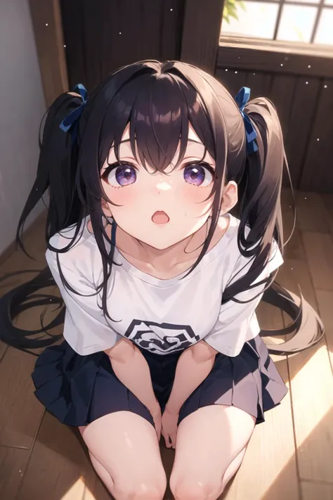 1girl, casual clothes, t-shirt, skirt, twintails, long hair, (from above:1.1), kneeling, floor, indoors