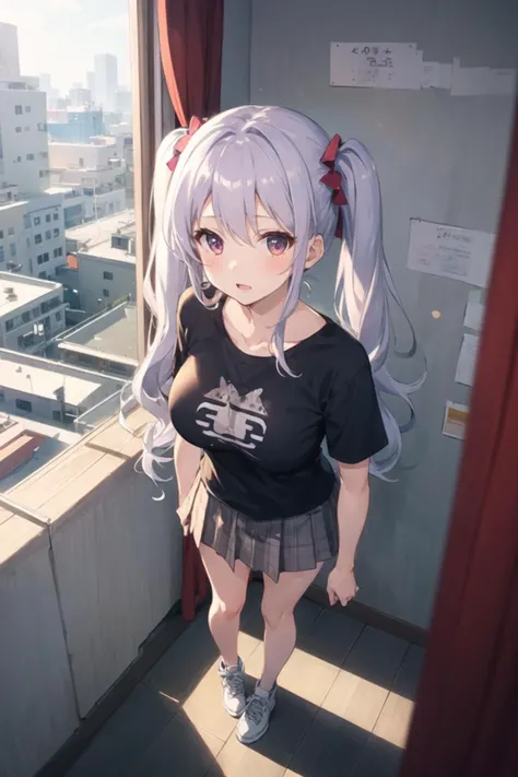 1girl, from above, standing, casual clothes, twintails, t-shirt, skirt, bedroom, wall, window, wide angle