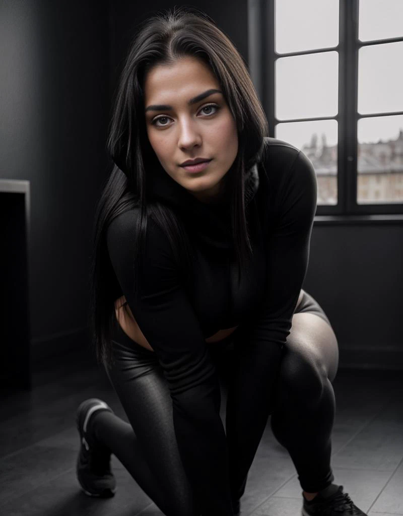 a beautiful 20 y.o russian woman, long black straight hair, curvy, bodybuilding, tomboy, (huge breasts), wide hips, hoddie, black leggings, kneeling, floor, indoors, hands, <lora:fitnessBabes-fC-v1.0a:0.75>, full body, (natural skin texture, hyperrealism, sharp, detailed skin), full detail, (film grain), photorealistic, <lora:LowRA:0.5>