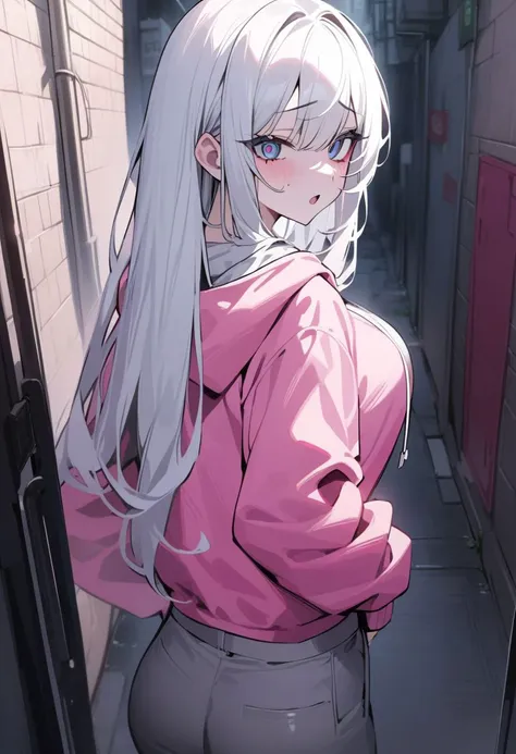 1girl, (masterpiece), (best quality), POV, upper body, shoot from back, looking at viewer, long hair, white hair, wide-eyes, light pink hoodie, gray chino pants, perfect body, large breasts, alley, (dark:0.8), worry, <lora:Rabbithole2:1>