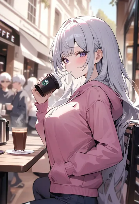 1girl, (masterpiece), (best quality), POV, from side, upper body, looking at viewer, long hair, white hair, notice, hoodie, chino pants, perfect body, large breasts, cafe terrace, crowd background, coffee, cup, drinking coffee, <lora:Rabbithole2:1>