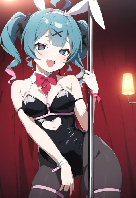1girl, solo, hatsune miku, rabbit hole \(vocaloid\), vocaroid, bunnysuit, heart pupils, looking at viewer, open mouth smile, naughty face, stripper pole, pole dance, gentlemen's club, <lora:offset_0.2:0.5>, <lora:sdxl2-flat2-512b:-0.5>, <lora:xl_more_art-full_v1:0.5>, <lora:add-detail-xl:1>, anime screencap, very aesthetic, best quality, <lyco:Rabbithole2:1.2>
