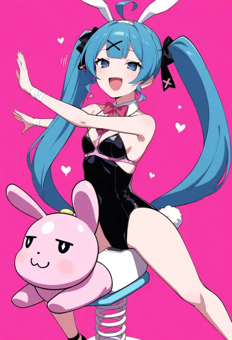 1girl, solo, hatsune miku, rabbit hole \(vocaloid\), vocaroid, bunnysuit, spring rider, riding, pink rabbit, sitting, bouncing, motion lines, bouncing up and down, looking at viewer, open mouth smile, naughty face, from side, low angle, full body shot, simple pink background, playing card theme background, <lora:offset_0.2:0.5>, <lora:sdxl2-flat2-512b:-0.5>, <lora:xl_more_art-full_v1:0.5>, <lora:add-detail-xl:1>, anime screencap, very aesthetic, best quality, <lora:springriderXLv1:0.9>, <lyco:Rabbithole2:1>