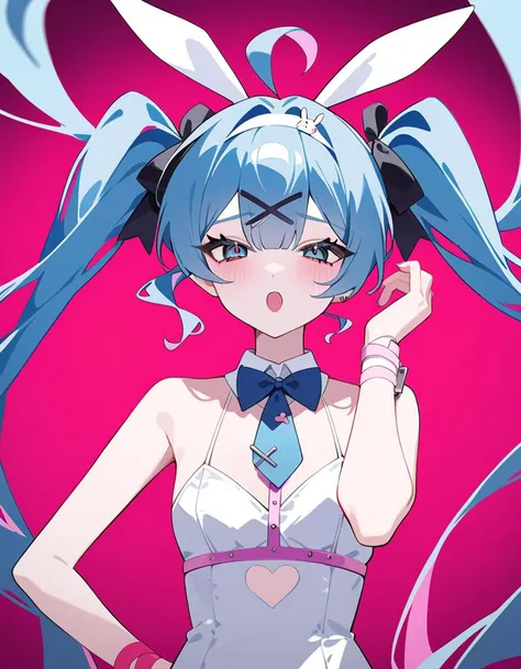 1girl,  hatsune miku, rabbit hole \(vocaloid\), vocaloid, rating: sensitive, masterpiece, best quality, newest, playboy bunny  <lora:rabbithole_3-000004:1>, aqua eyes, 39, ahoge, alternate costume, alternate hairstyle, blue hair, blue necktie, collarbone, floating hair, hair between eyes, hand on own hip, long hair, necktie, school uniform, shirt, solo, twintails, upper body, very long hair, white shirt