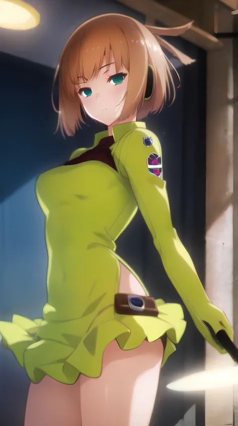 pixel-Konami, 1girl, green dress, miniskirt, masterpiece, photorealistic, realistic, (RAW photo, 8k uhd, film grain), caustics, subsurface scattering, dynamic shot, <hypernet:myhands_22k:0.75> <lora:konami-Kirie-LoRA:0.85>