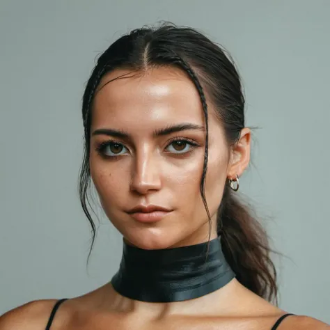 (Skin texture, pores, blemishes), Super high res portrait photo of a woman wearing no makeup, wearing a thin leather choker,f /2.8, Canon, 85mm,cinematic, high quality, skin texture, looking at the camera, skin imperfections,  <lora:ismerced_xl_3_standard-000046:1>