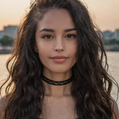 Face closeup, (Skin Texture, pores, natural,iPhone,RAW)), natural lighting, Highest Quality closeup Portrait photo of a pretty woman with long wavy hair,black thin choker, Nikon Z9, realistic matte skin,  blurry city in the background, 8K, symmetric, whole face,  <lora:valkyrae_40_50_045_06:1>