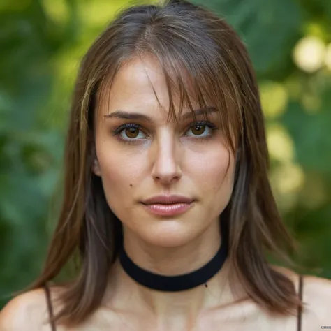 Skin texture, no makeup, Super high res closeup portrait photo of a stunning woman outdoors with straight hair, wearing a small string choker around her neck,f /2.8, Canon, 85mm,cinematic, high quality,   looking at the viewer,   <lora:natportman_2_xl_5_standard-000046:0.2> ,<lora:natportman_2_xl_5_standard-000051:0.3>, <lora:natportman_2_xl_5_standard-000058:0.3> ,<lora:natportman_2_xl_5_standard-000085:0.2>