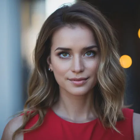 Closeup professional Portrait photo of a woman wearing a red dress, f /1.8, Canon, 85mm,cinematic, high quality, skin texture, looking at the camera,   <lora:elilail_xl_1_standard-000053:1>