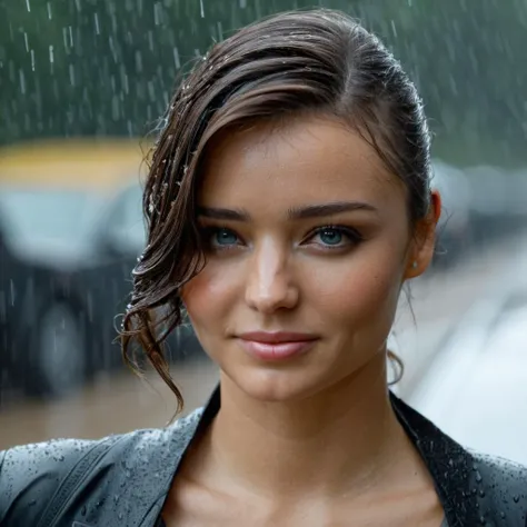 Closeup Portrait Photo of a stunning young woman in the rain, high quality, 85 mm, f/1.8, Nikon P1000