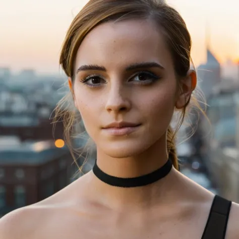 (Skin Texture, pores, natural,iPhone,RAW)), natural lighting, Highest Quality closeup Portrait photo of a pretty woman,black thin choker, clear lipgloss, Nikon Z9, realistic matte skin,  blurry city in the background, 8K, symmetric, whole face,  <lora:emwatson_xl_1_standard_merge_29_72_100_03_03_05:1>