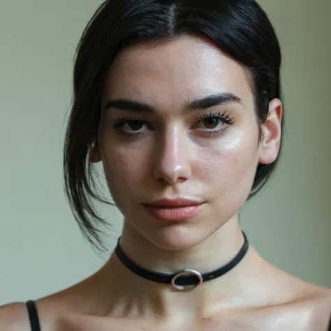 (Skin texture, pores, blemishes), Super high res portrait photo of a woman wearing a thin black ring choker wearing no makeup,f /2.8, Canon, 85mm,cinematic, high quality, skin texture, looking at the camera, skin imperfections,    <lora:dulipa_xl_1_standard-000051:1>