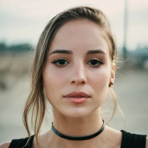 Super high res portrait photo of a woman wearing a thin leather choker,f /2.8, Kodak, 85mm,analog, cinematic, high quality, skin texture, looking at the camera, skin imperfections,    <lora:albaptista_xl_1_standard-000050:1>