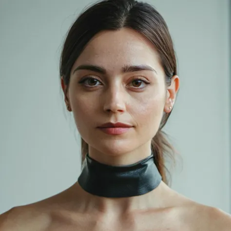 (Skin texture, pores, blemishes), Super high res portrait photo of a woman wearing no makeup, wearing a thin leather choker,f /2.8, Canon, 85mm,cinematic, high quality, skin texture, looking at the camera,  <lora:jencoleman_xl_5_standard-000049:1>