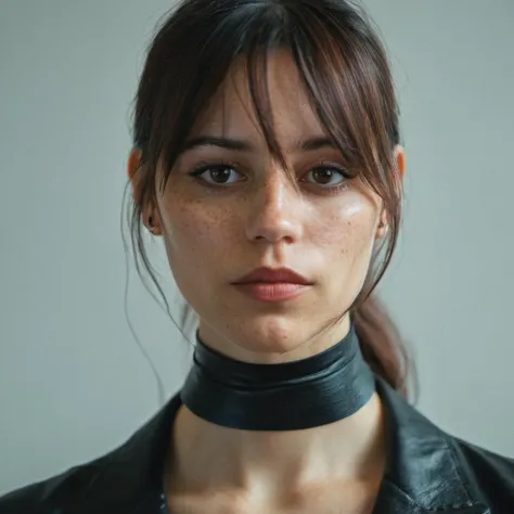 (Skin texture, pores, blemishes), Super high res portrait photo of a woman wearing no makeup, wearing a thin leather choker,f /2.8, Canon, 85mm,cinematic, high quality, skin texture, looking at the camera, skin imperfections,      <lora:jenortega_xl_1_standard-merge3_15_36_6_05_03_02:1>