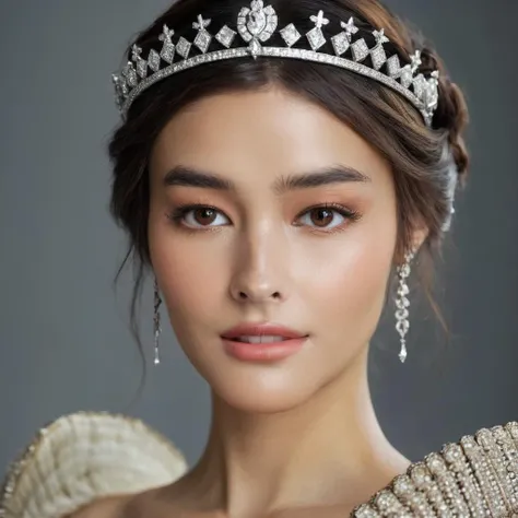 Portrait photo of an actress dressed as a medieval queen with a delicate tiara on her head, Nikon Z9, realistic matte skin, skin texture visible, (sharp focus), (high quality)