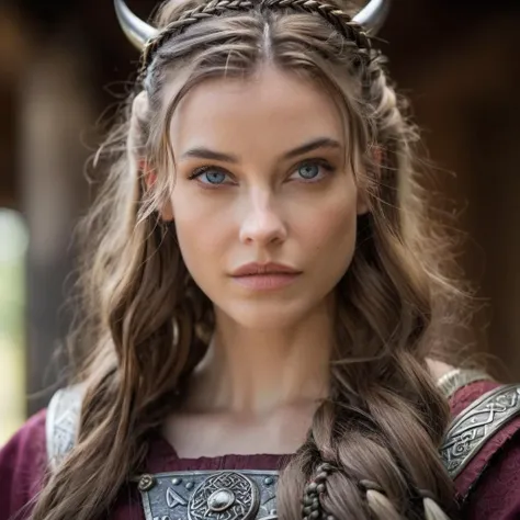 Closeup Portrait photo of a viking princess, Nikon Z9, realistic matte skin, skin texture visible, (sharp focus), (high quality), looking straight at the camera