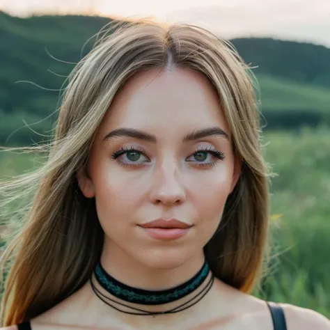 Skin texture, no makeup, Super high res closeup portrait photo of a stunning woman outdoors with straight hair, wearing a small string choker around her neck,f /2.8, Canon, 85mm,cinematic, high quality,looking at the viewer, ,<lora:sydsweeney_xl_1_standard_wo_cap-000028_0.2+sydsweeney_xl_1_standard_wo_cap-000046_0.3+sydsweeney_xl_1_standard_wo_cap-000087_0.5:1>