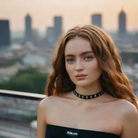 Face closeup, (Skin Texture, pores, natural,iPhone,RAW)), natural lighting,Highest Quality (Closeup) portrait photo of a woman with wavy hair,black thin choker, Nikon Z9, realistic matte skin,  blurry city in the background, 8K, symmetric,    <lora:sasink_xl_1_standard_merged_30_35_72_05_02_04:1>